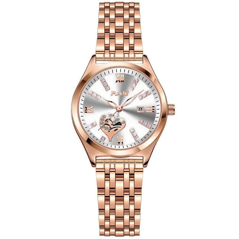 Women's casual alloy strap watch with Roman numeral rhinestone dial, luminous hands, and calendar window