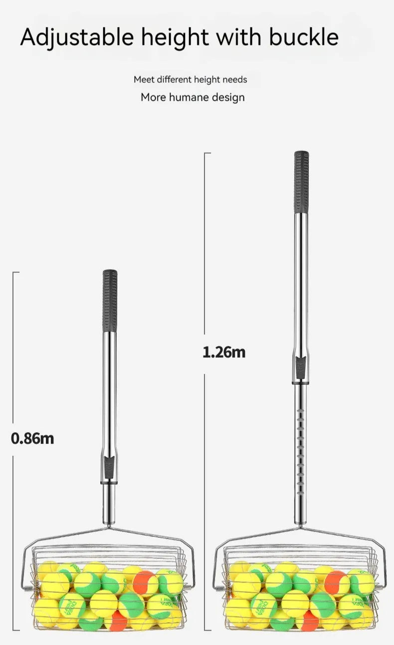 Stainless steel roller tennis ball picker with adjustable head on a court surface.