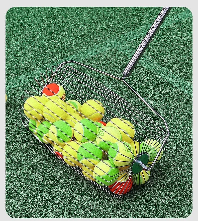 Stainless steel roller tennis ball picker with adjustable head on a court surface.
