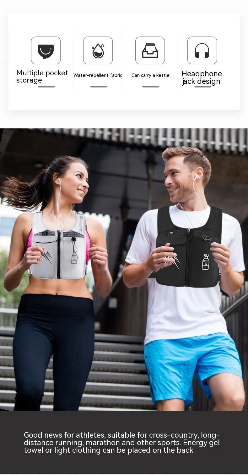Classic black sports running vest with a front mesh phone pocket, shown on a model.