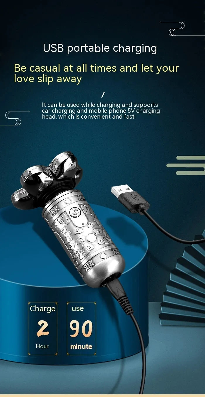 Silver Black zinc alloy floating cutter head shaver with USB cable on background