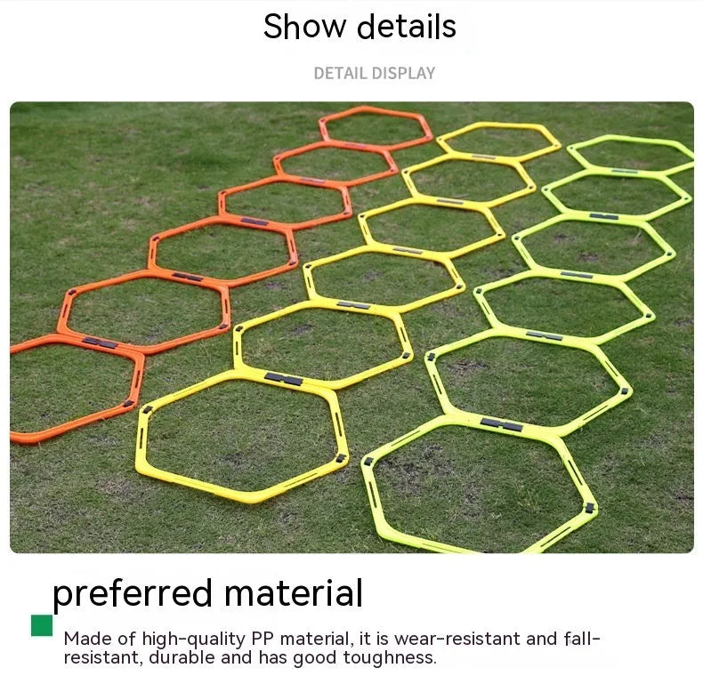 Set of six foldable hexagon football agility training rings in yellow, green, and orange colours.