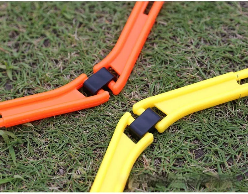 Set of six foldable hexagon football agility training rings in yellow, green, and orange colours.