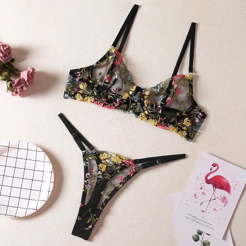 Women's floral pure desire style bikini underwear set in five colours: skin, purple, black, yellow, pink.