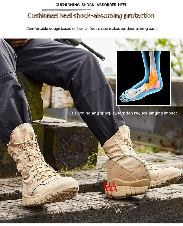Yulong Combat Boots tactical desert footwear in black and sand colours for outdoor climbing and hiking