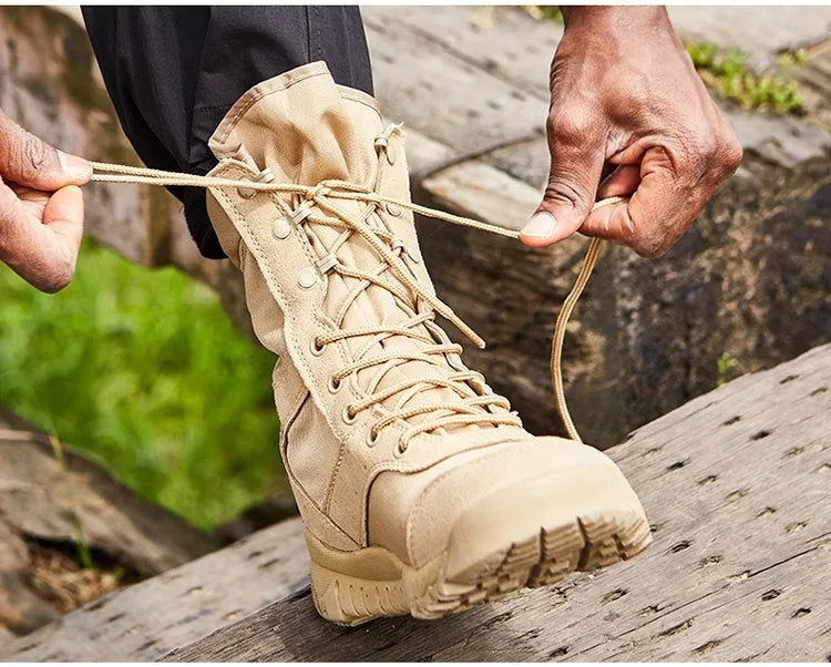 Yulong Combat Boots tactical desert footwear in black and sand colours for outdoor climbing and hiking