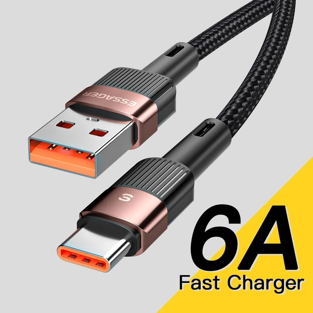 6A super fast charge data cable with braided thread and aluminium alloy connectors in black