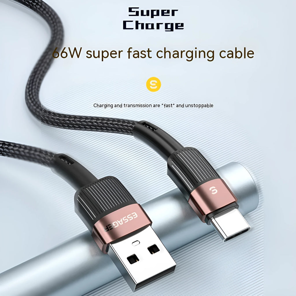 6A super fast charge data cable with braided thread and aluminium alloy connectors in black