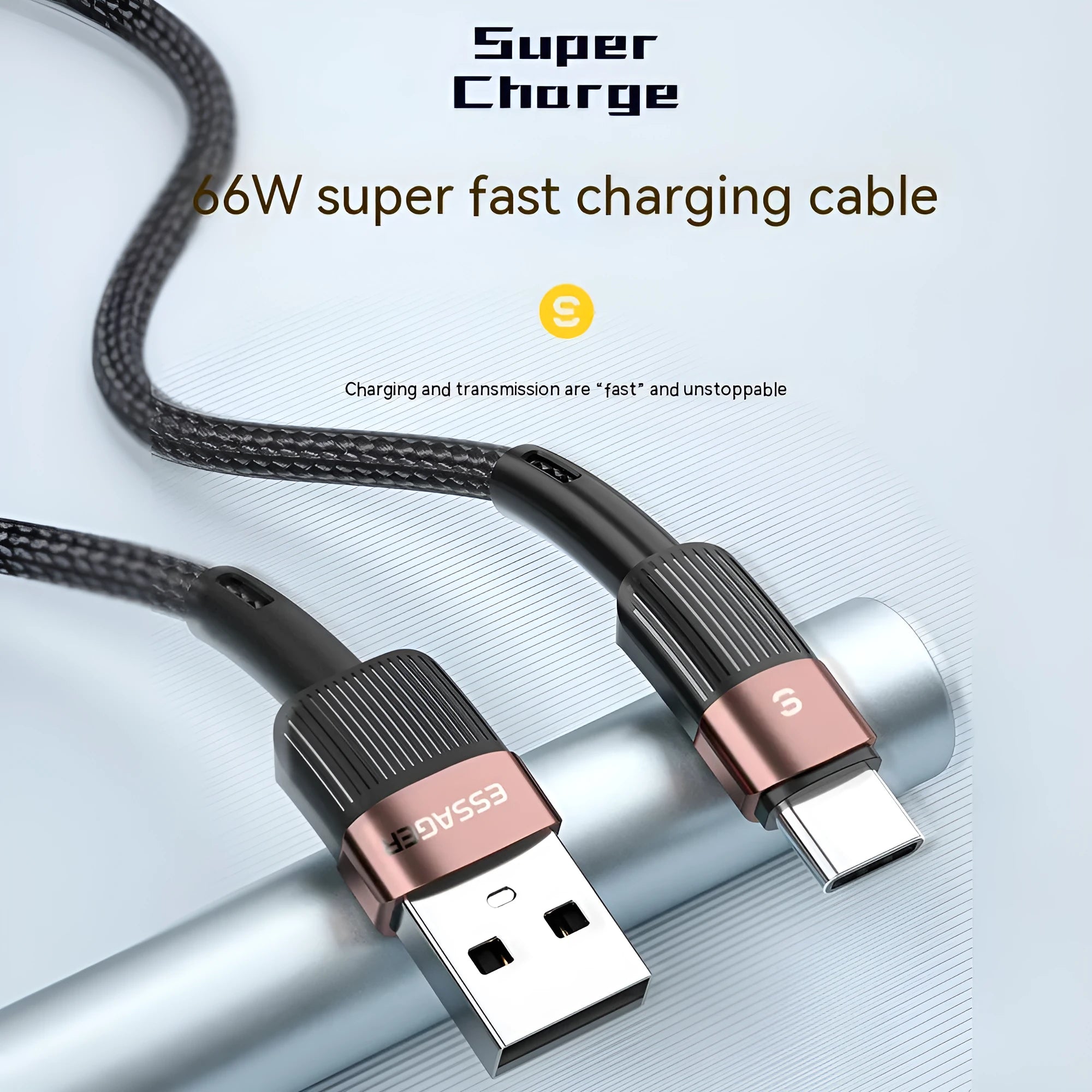 6A super fast charge data cable with braided thread and aluminium alloy connectors in black