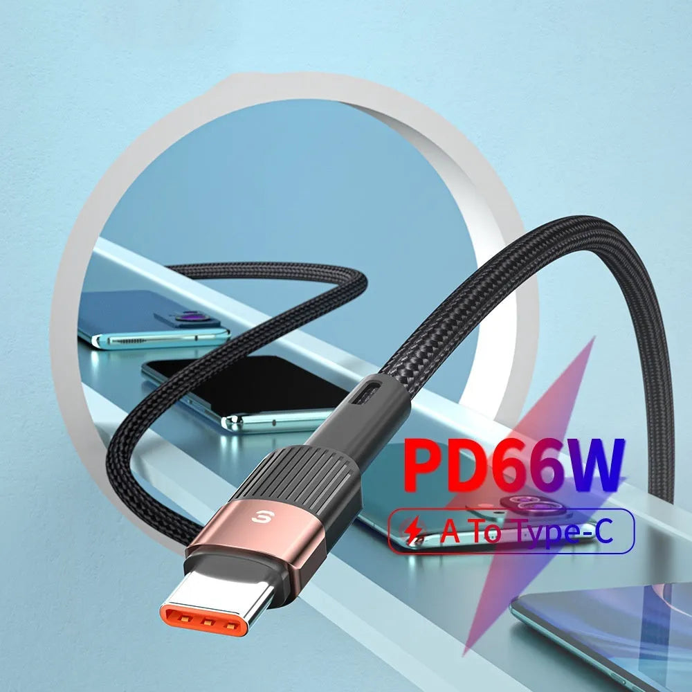 6A super fast charge data cable with braided thread and aluminium alloy connectors in black