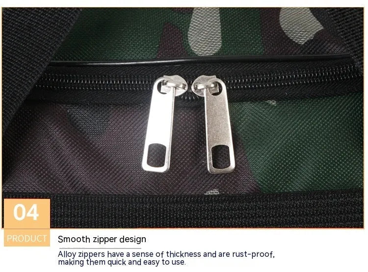Camouflage coloured waterproof luggage bag with large capacity for travel.