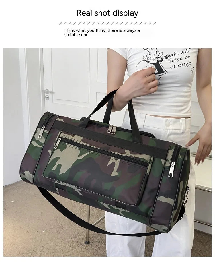 Camouflage coloured waterproof luggage bag with large capacity for travel.