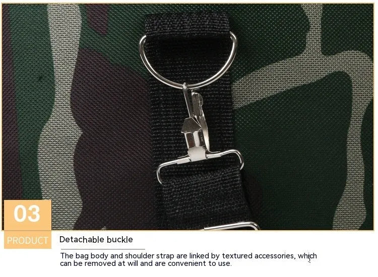 Camouflage coloured waterproof luggage bag with large capacity for travel.