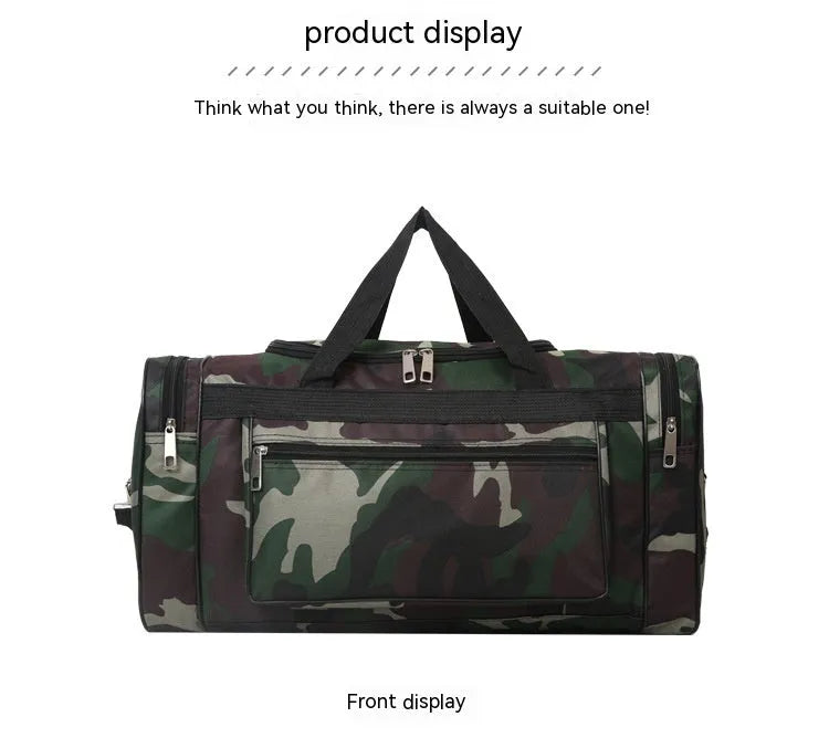 Camouflage coloured waterproof luggage bag with large capacity for travel.