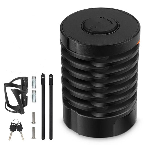 A black and orange portable bicycle folding lock shown in its compact, folded form.