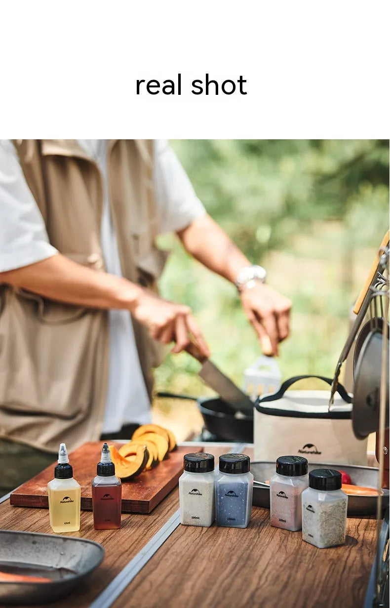 Naturehike six clear plastic portable seasoning bottles with black lids, modern simple design.