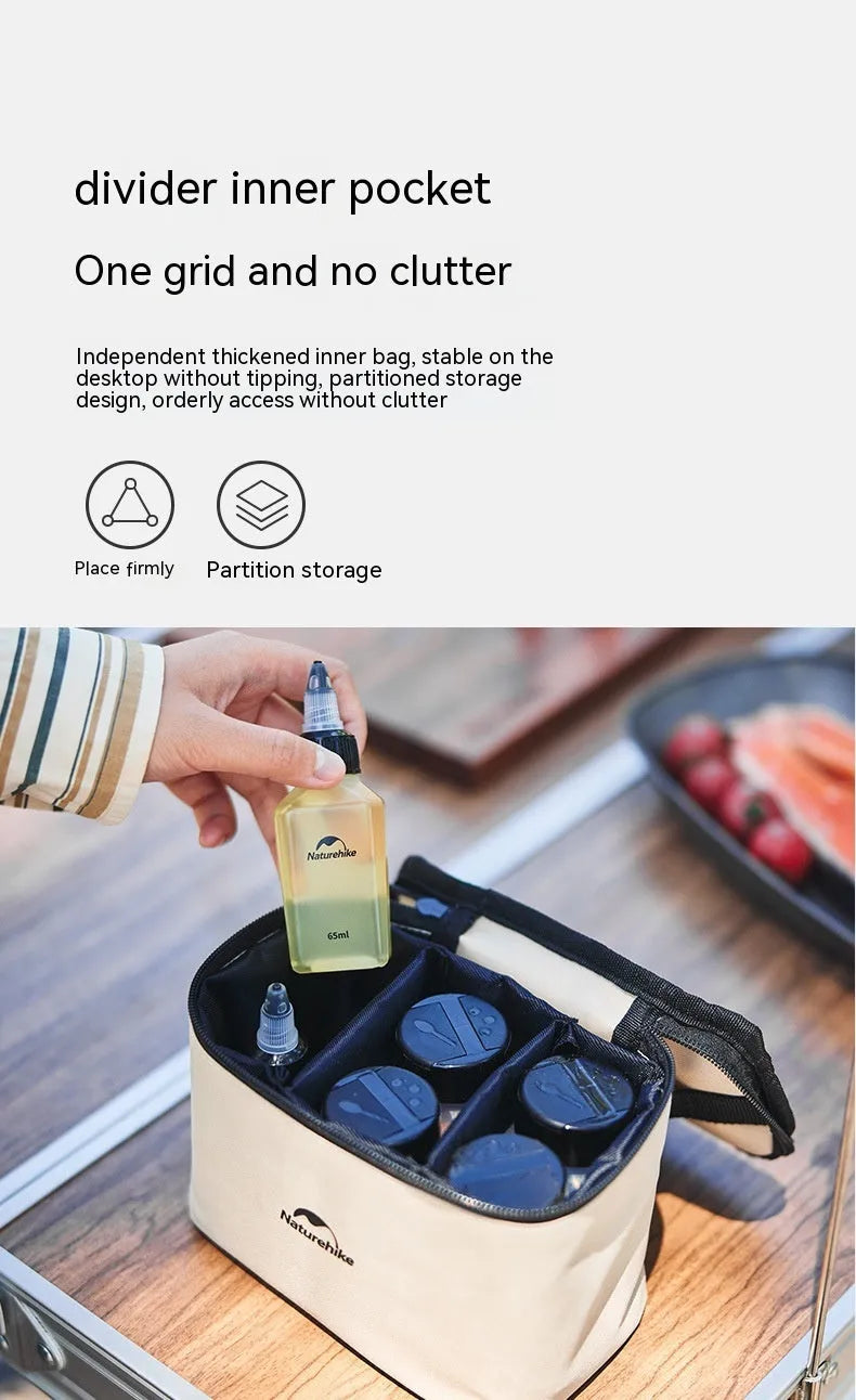 Naturehike six clear plastic portable seasoning bottles with black lids, modern simple design.