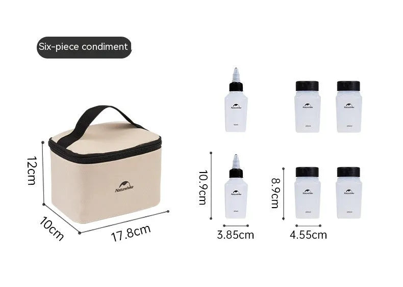 Naturehike six clear plastic portable seasoning bottles with black lids, modern simple design.