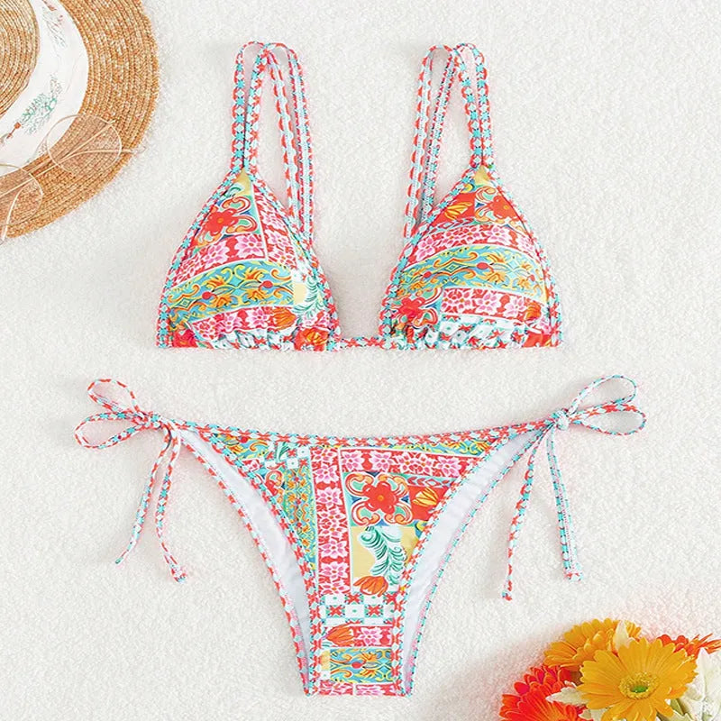 Women's backless lace-up split swimsuit bikini set in polyester spandex for swimming sports