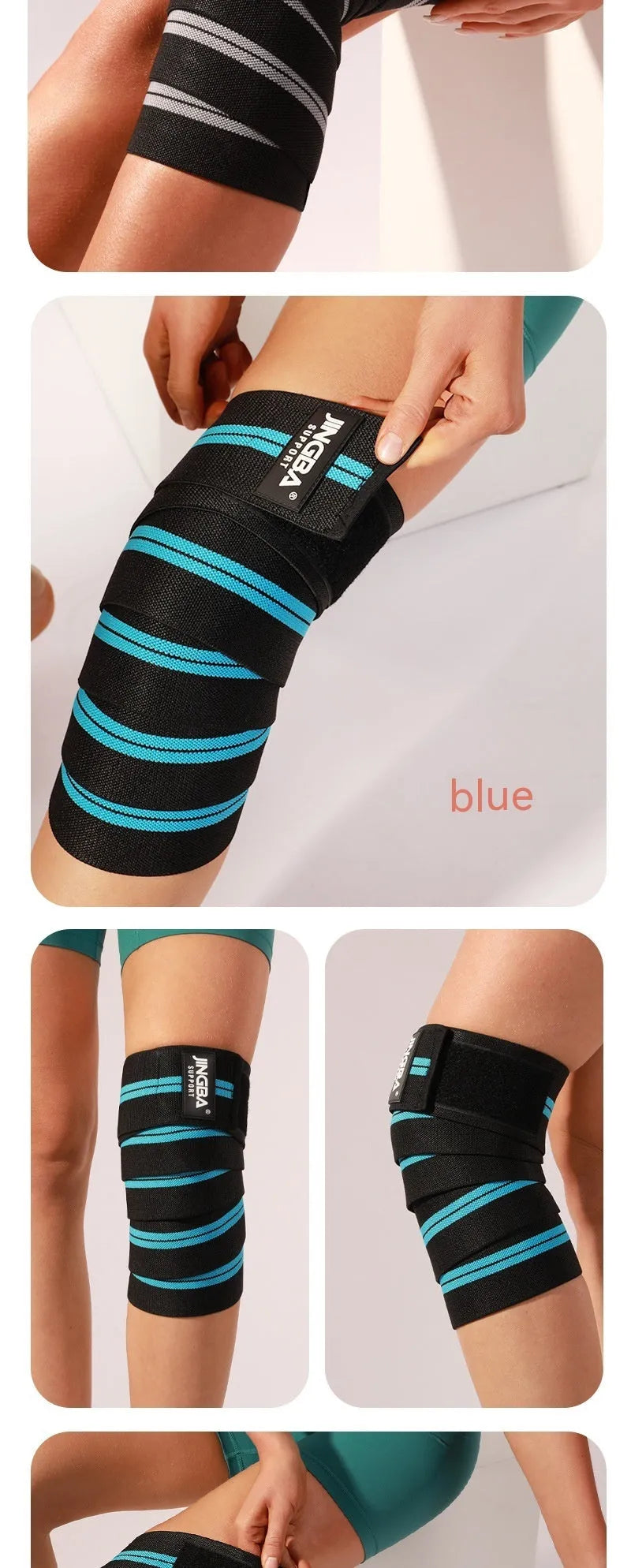 Sports knee pads for weightlifting and cycling in adjustable free size with blue, yellow, red, or grey colour options