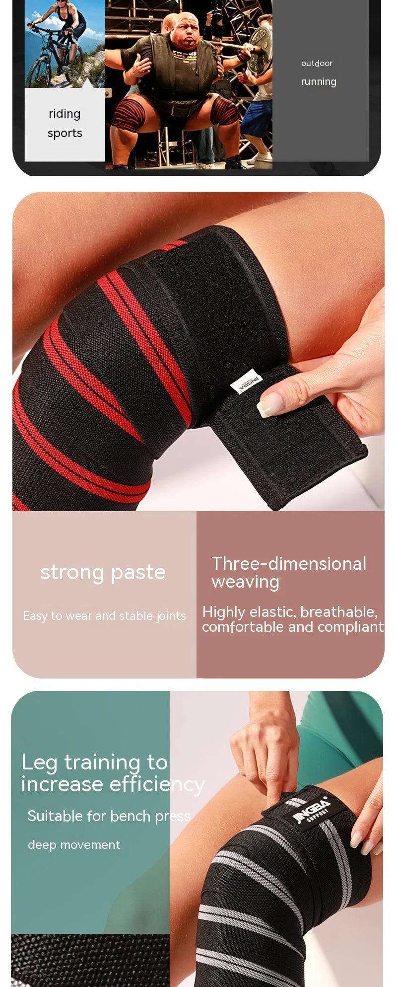 Sports knee pads for weightlifting and cycling in adjustable free size with blue, yellow, red, or grey colour options