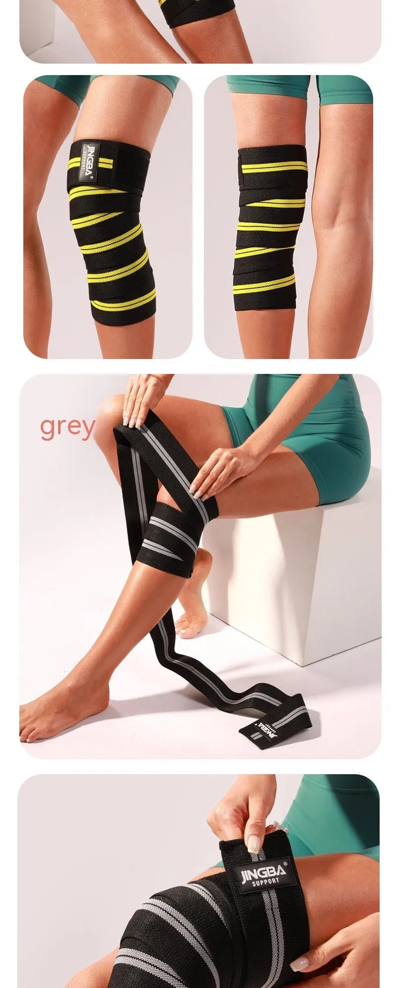 Sports knee pads for weightlifting and cycling in adjustable free size with blue, yellow, red, or grey colour options