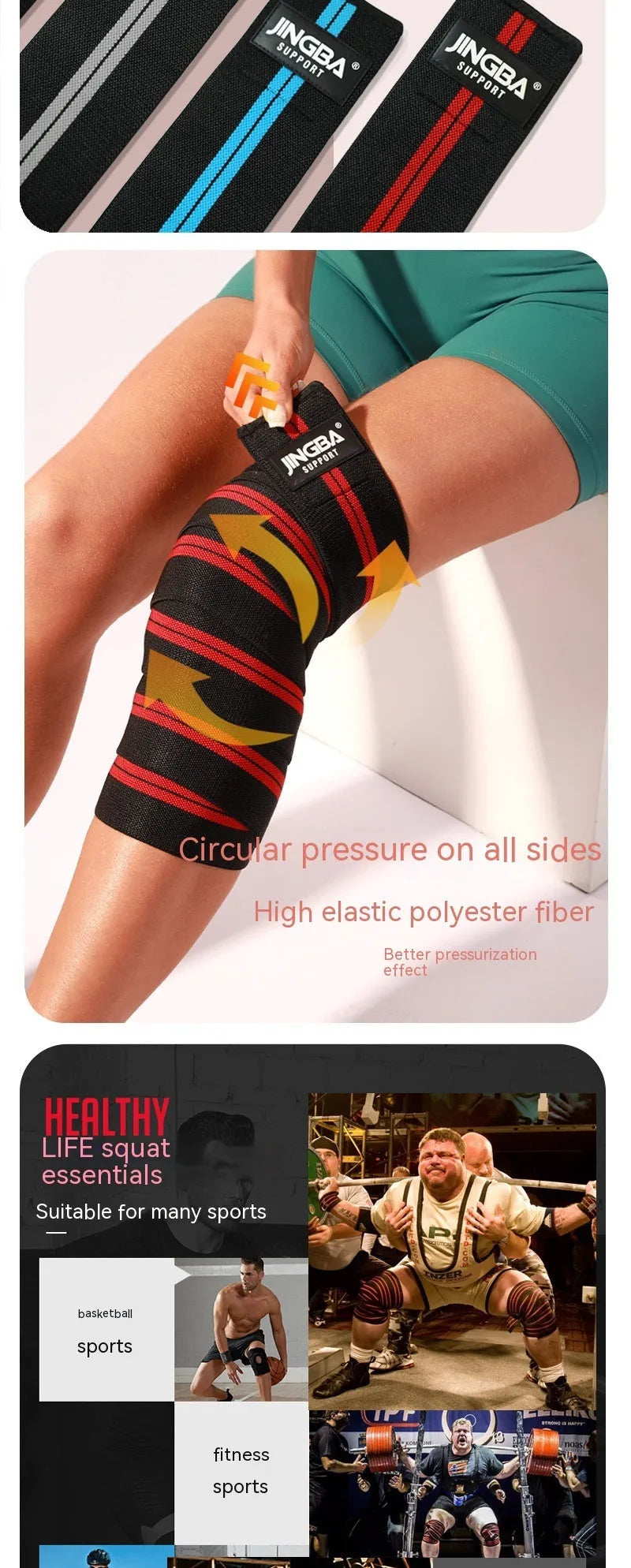 Sports knee pads for weightlifting and cycling in adjustable free size with blue, yellow, red, or grey colour options