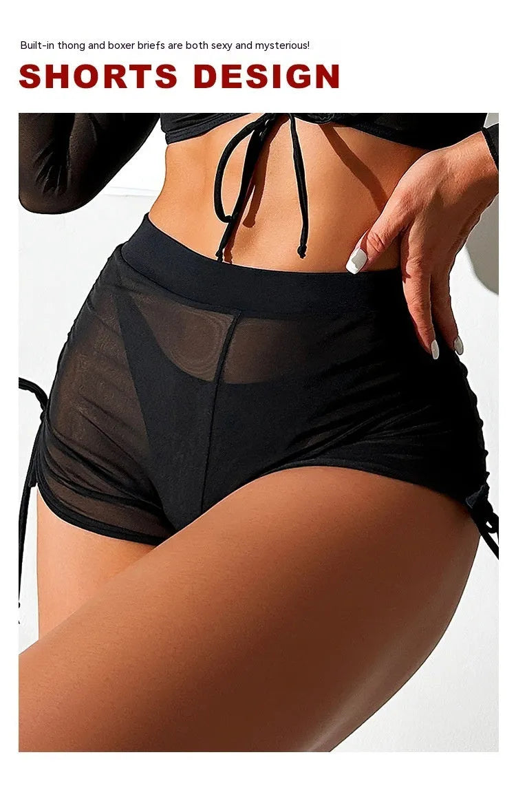 Black mesh women's four-piece bikini swimsuit set with long sleeves for swimming sports