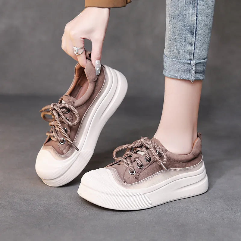 Women's yellow and brown cow leather lace-up casual shoes with round toe and rubber sole