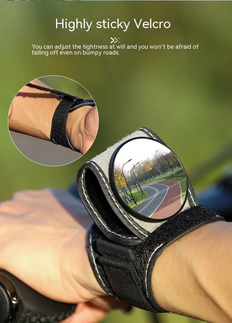 Black nylon bicycle rear-view mirror mounted on handlebars