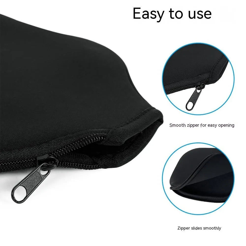 Black neoprene protective sleeve for a table tennis racket on a plain background