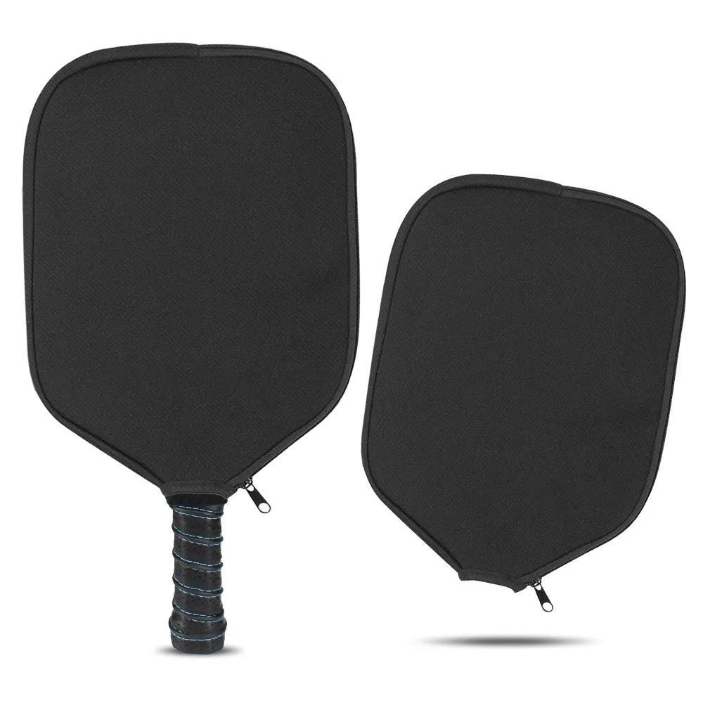 Black neoprene protective sleeve for a table tennis racket on a plain background