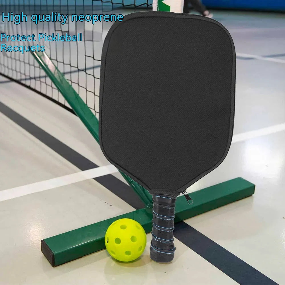 Black neoprene protective sleeve for a table tennis racket on a plain background