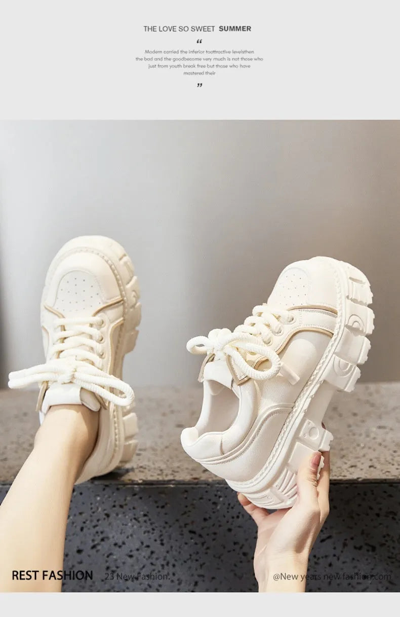 Women's beige leather casual shoes with a 3cm high spring muffin rubber foam sole.