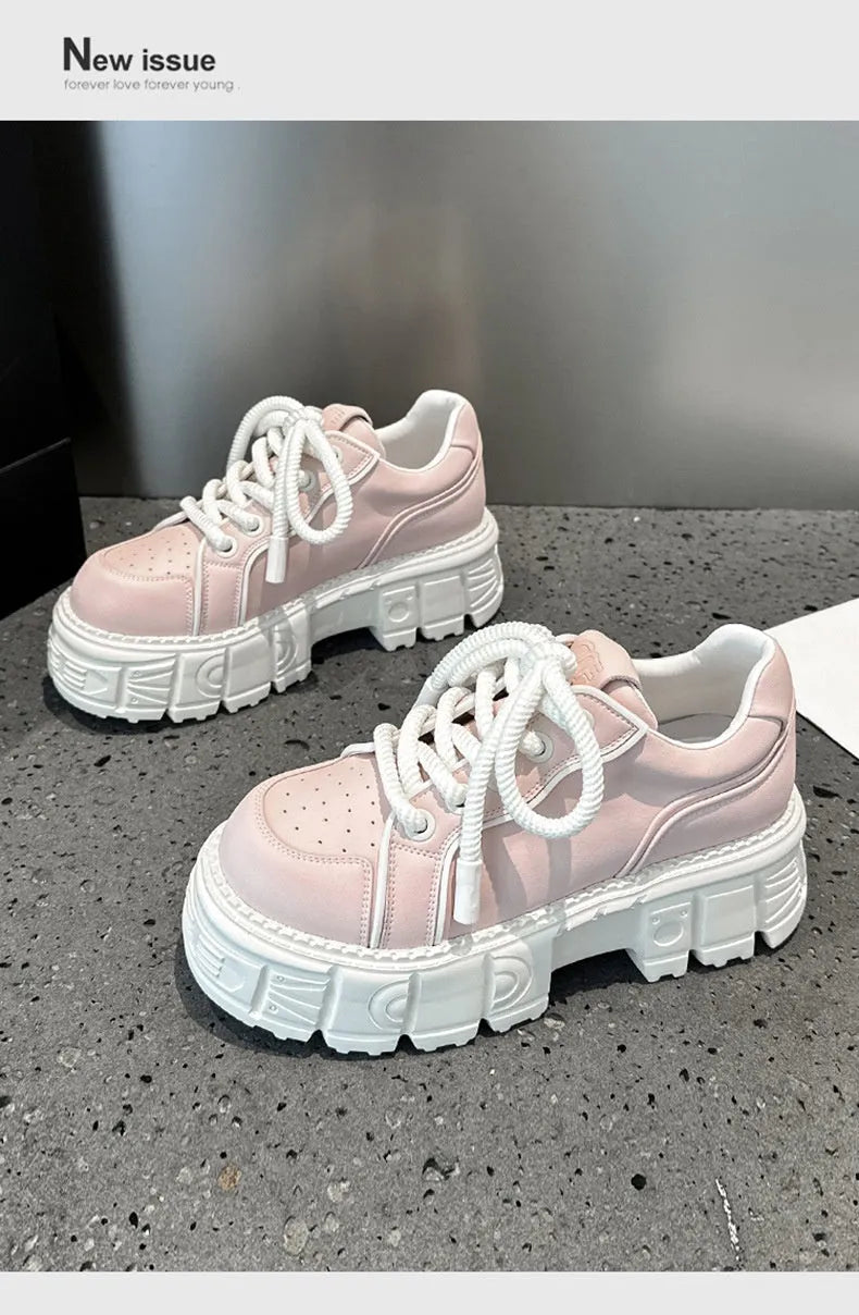 Women's beige leather casual shoes with a 3cm high spring muffin rubber foam sole.