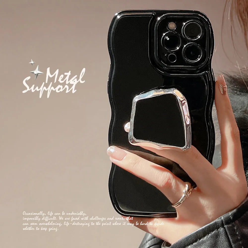 Black geometric bracket TPU phone case with wave pattern and metallic finish for Apple iPhone
