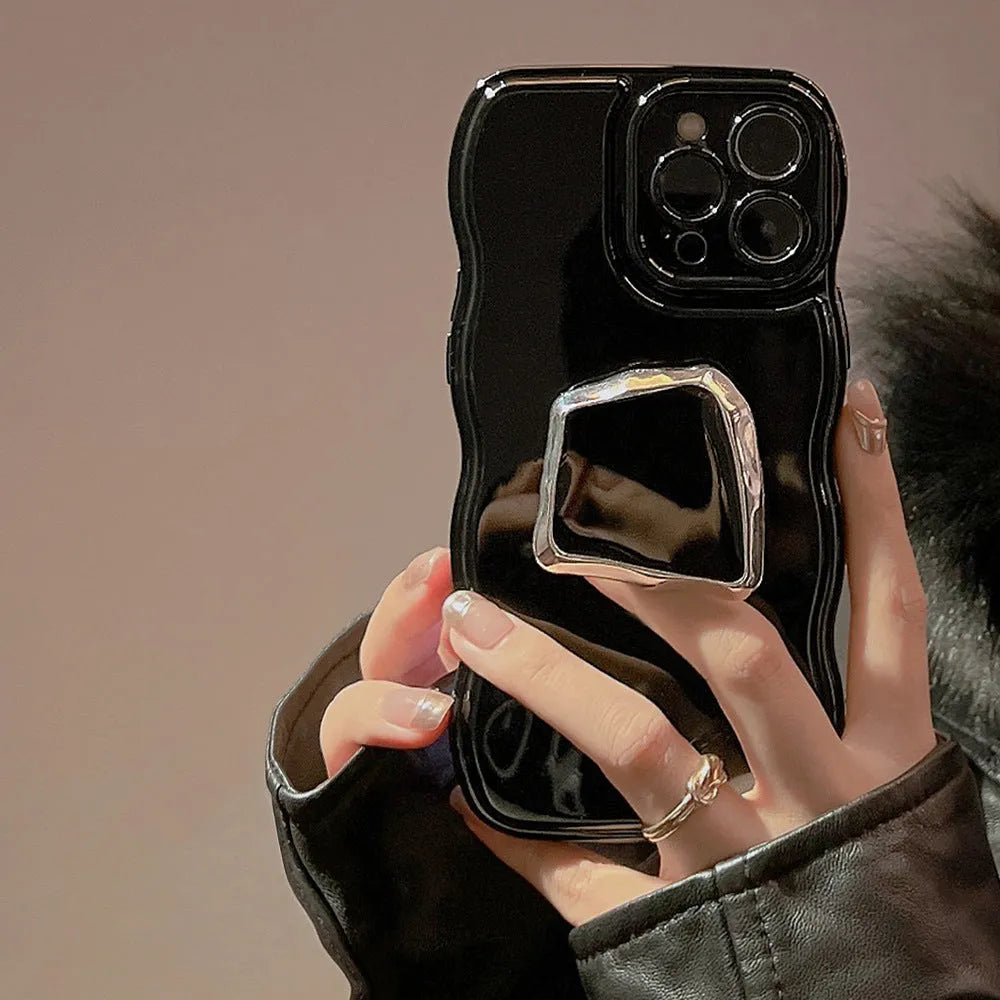 Black geometric bracket TPU phone case with wave pattern and metallic finish for Apple iPhone