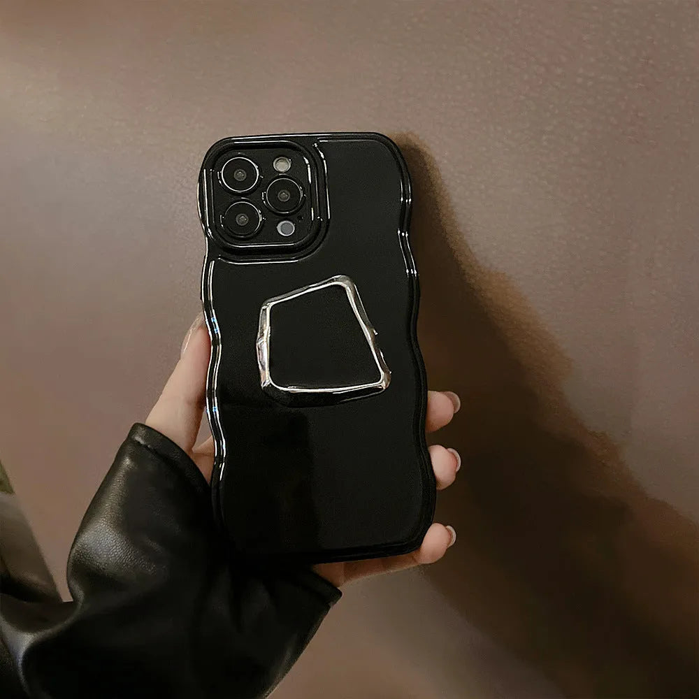 Black geometric bracket TPU phone case with wave pattern and metallic finish for Apple iPhone