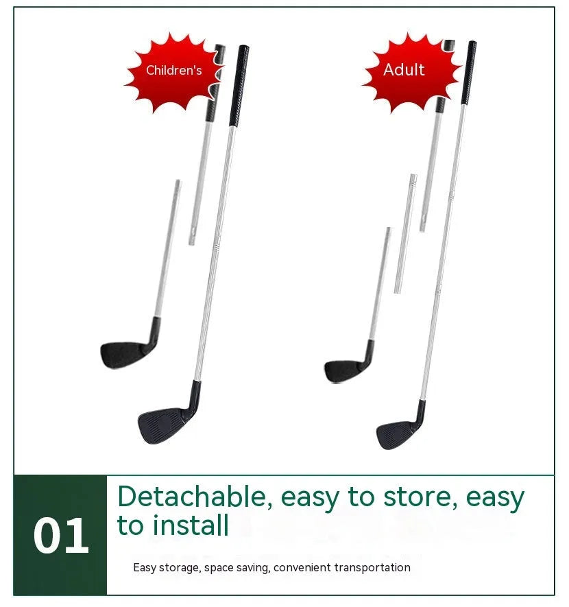 Metal golf club set showing adult and children's size options for outdoor sports practice
