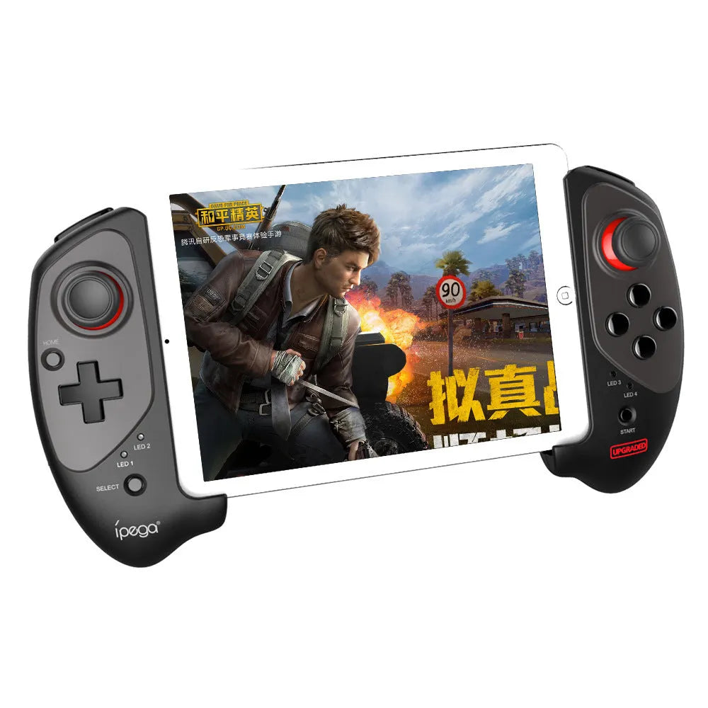 Red telescopic Bluetooth gamepad with USB cable for Android, iOS and PC gaming.
