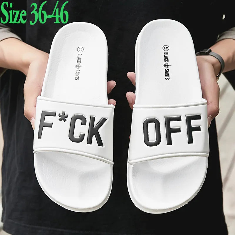 Large black and white personalised open toe men's slippers with a rubber sole.