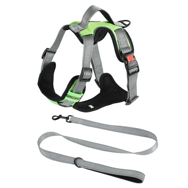 Orange polyester dog chest strap vest harness with an adjustable strap and a matching hand holding rope.