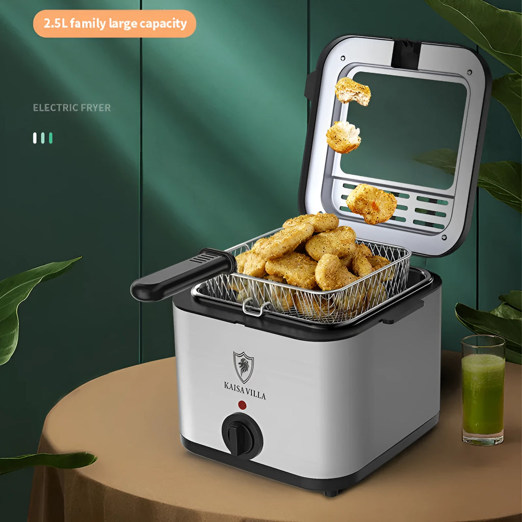 Silver electric air fryer with detachable basket on kitchen countertop
