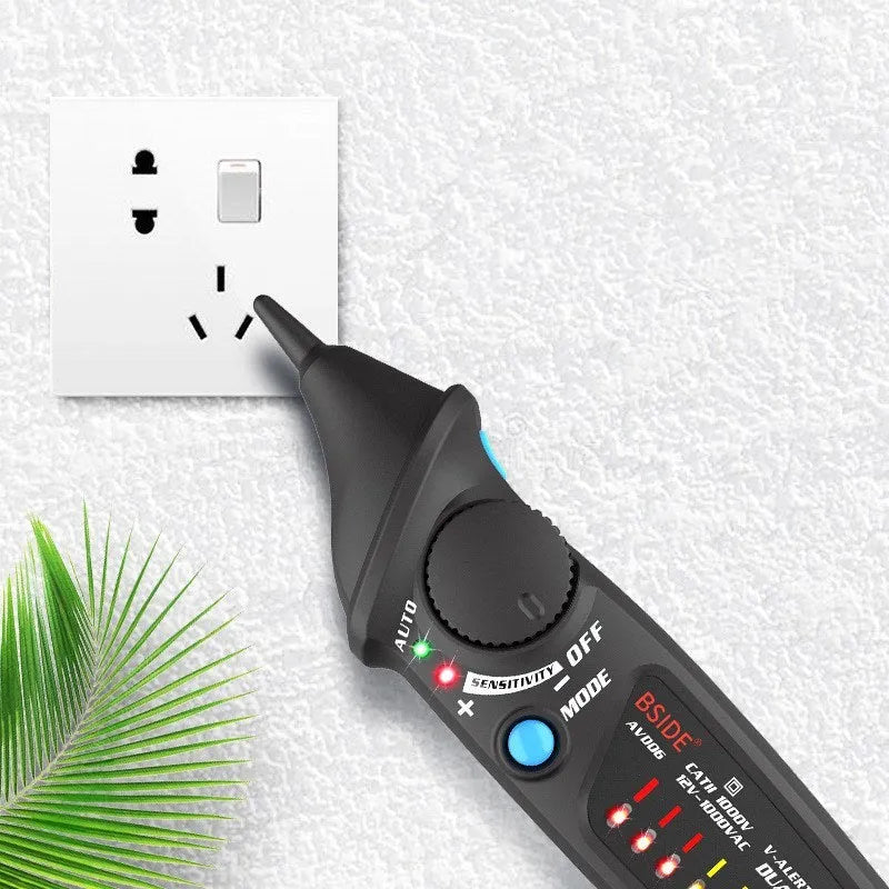Smart sensor electrical test pencil with a long insulated round tip and LED indicator light.
