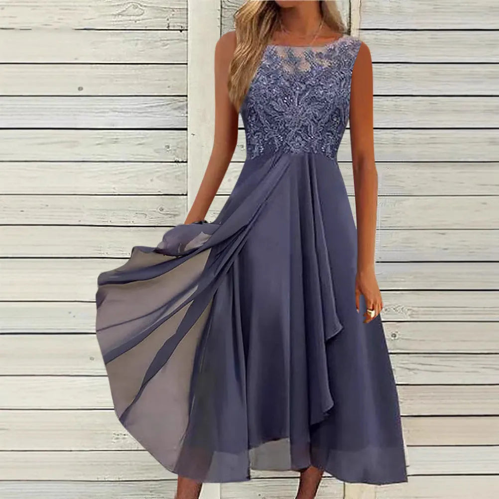 Women's sleeveless midi-length chiffon dress with lace hollow-out stitching in blue.