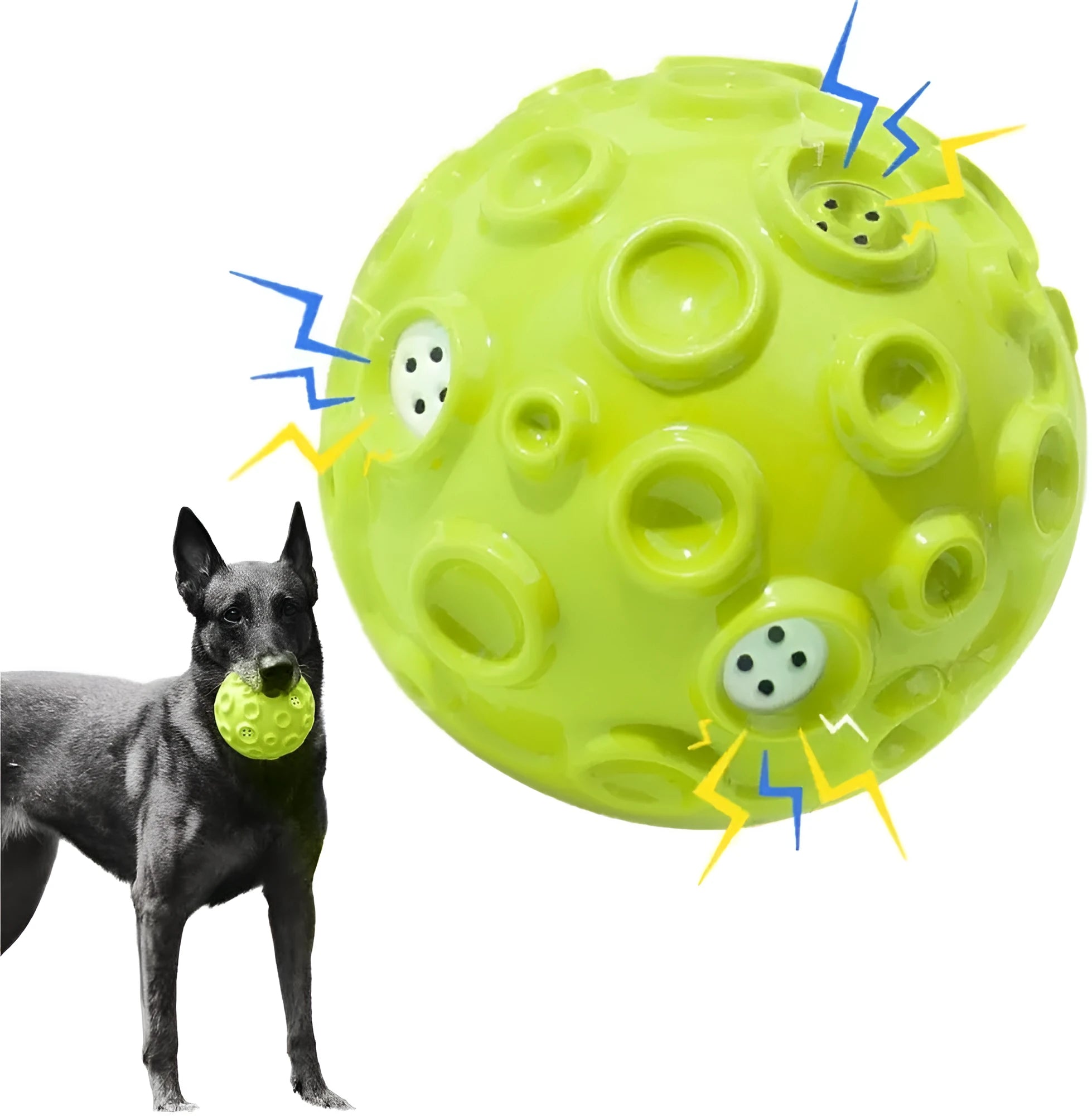 Durable rubber dog chew ball in multiple colours with squeaky sound and teeth-cleaning bumps.