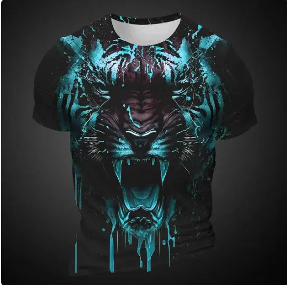 Men's 3D tiger pattern printed short sleeve T-shirt on a hanger