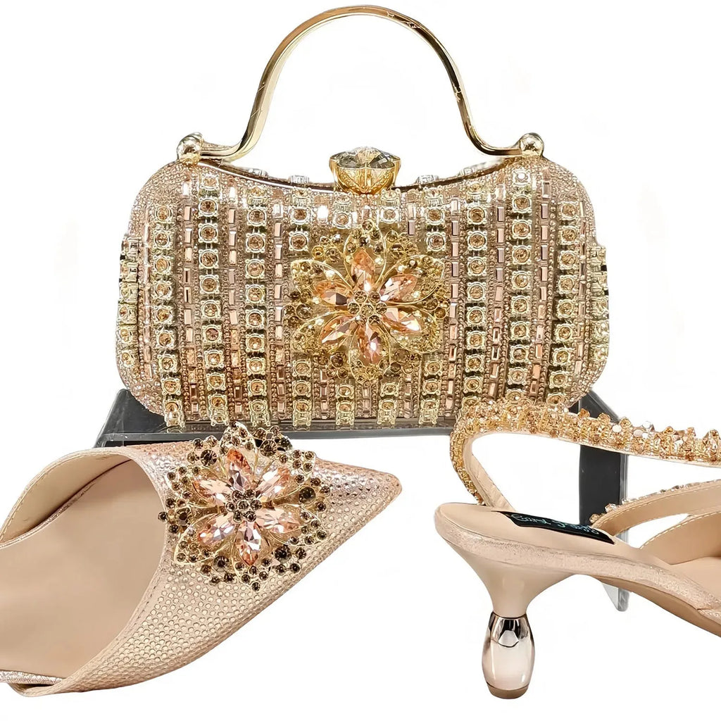 Sexy women's high heel shoes and matching hard clutch bag with floral ankle chain and rhinestone buckle
