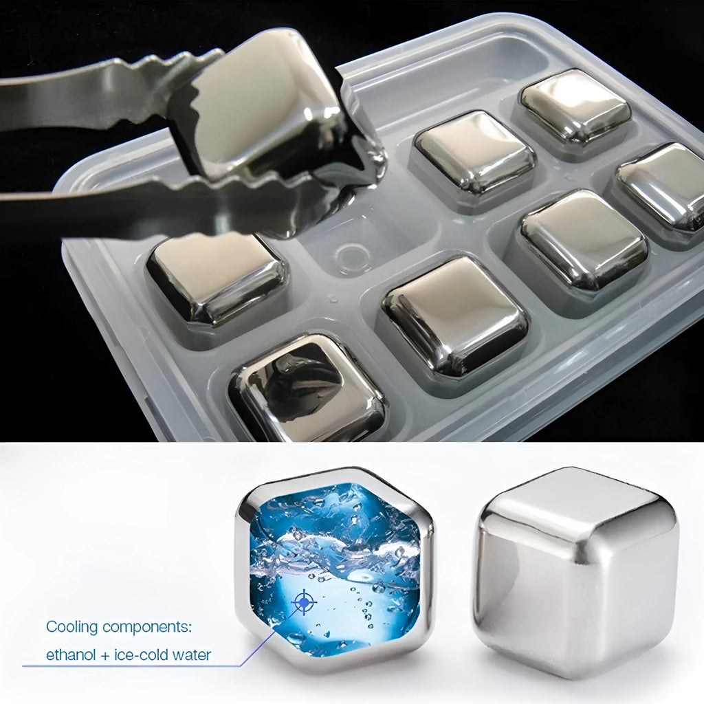 Set of eight stainless steel whiskey chilling stones and metal clip in storage box.