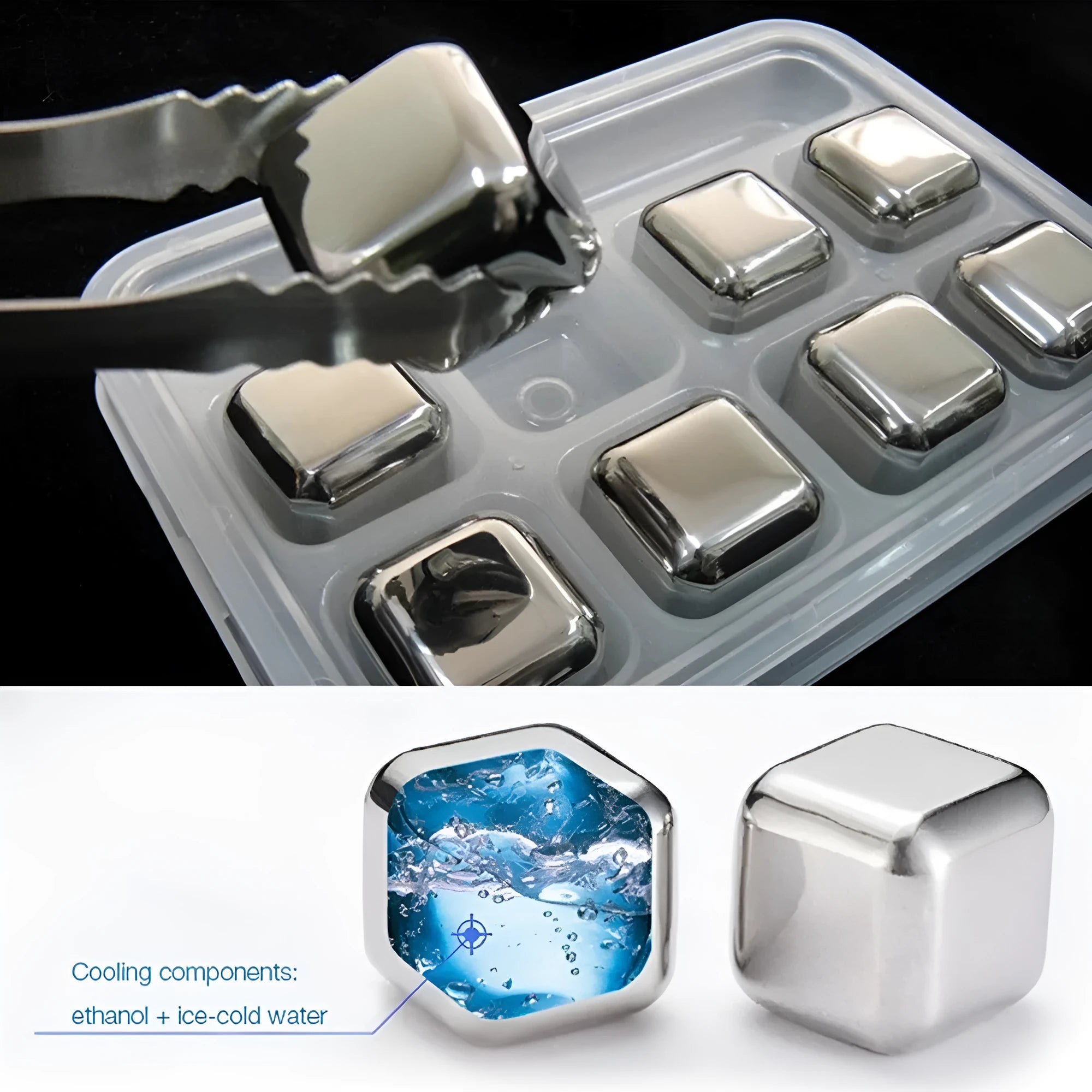 Set of eight stainless steel whiskey chilling stones and metal clip in storage box.